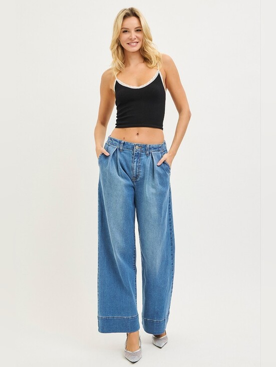 Risen Jeans Denim - Wide Leg Pleated Jeans in Medium Blue